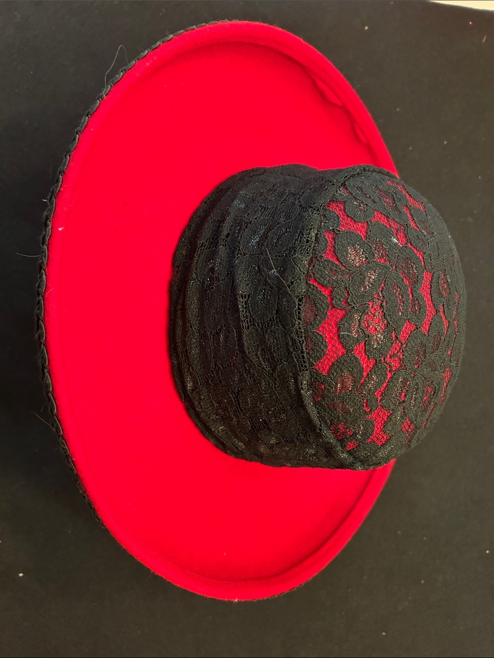 Red and Black Lace Wool Wide Brim Women's Hat